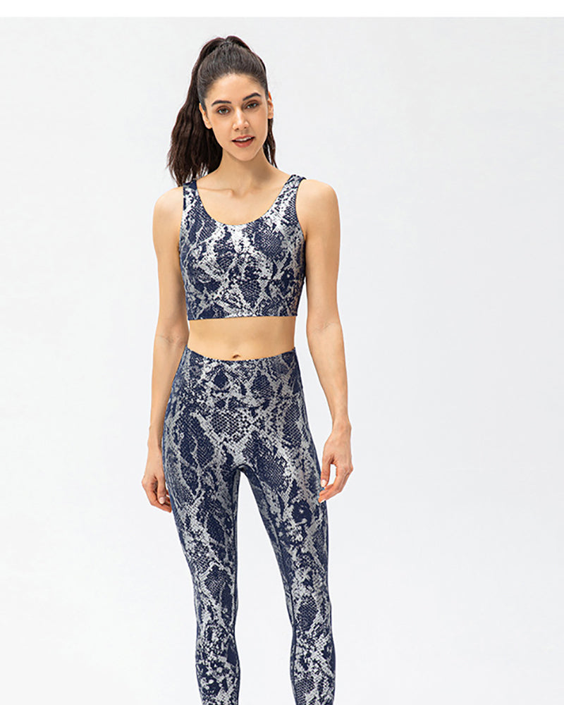 Women Snake Printed U Neck Bra Slim Tights Yoga Two-piece Sets Black White Deep Blue Brown S-2XL Pants sets