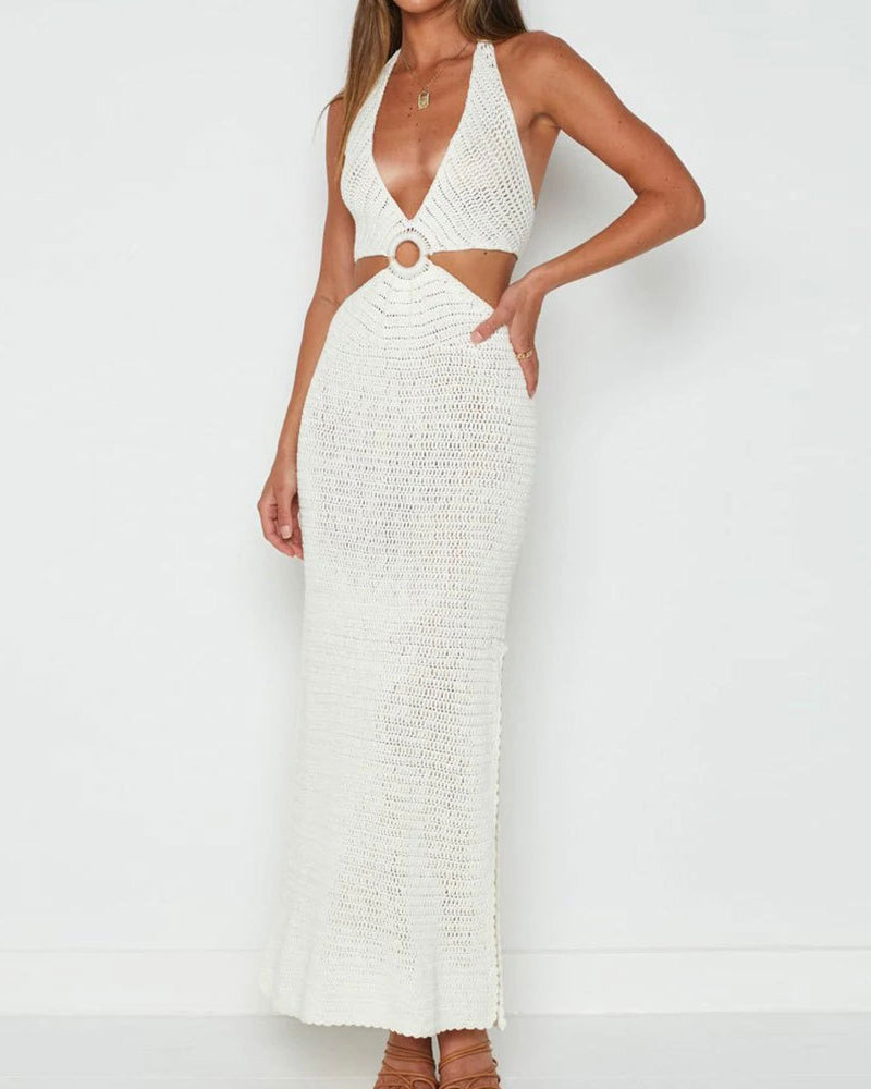 Deep V Neck Crochet Women Long Beach Dress S-XL