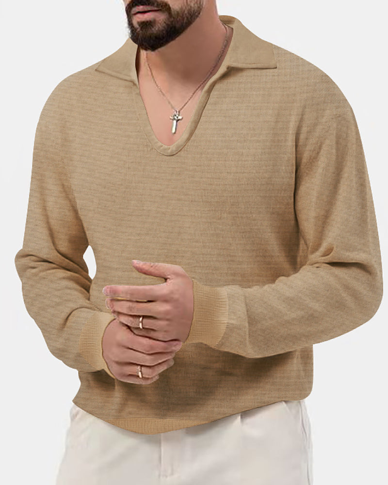 Autumn Men Solid Color Lapel V-neck Long Sleeve Waffle T-shirt Knitwear White Black Army Green Khaki Blue Apricot Gray S-3XL