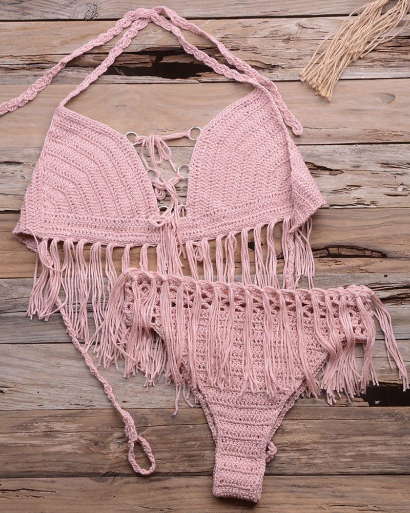 Crochet Knitted Tassel Bikini Set Ladies Swimwear Beachwear Bra Thong Summer Bathing Suit Push Up Swimsuits Immadman OM25950