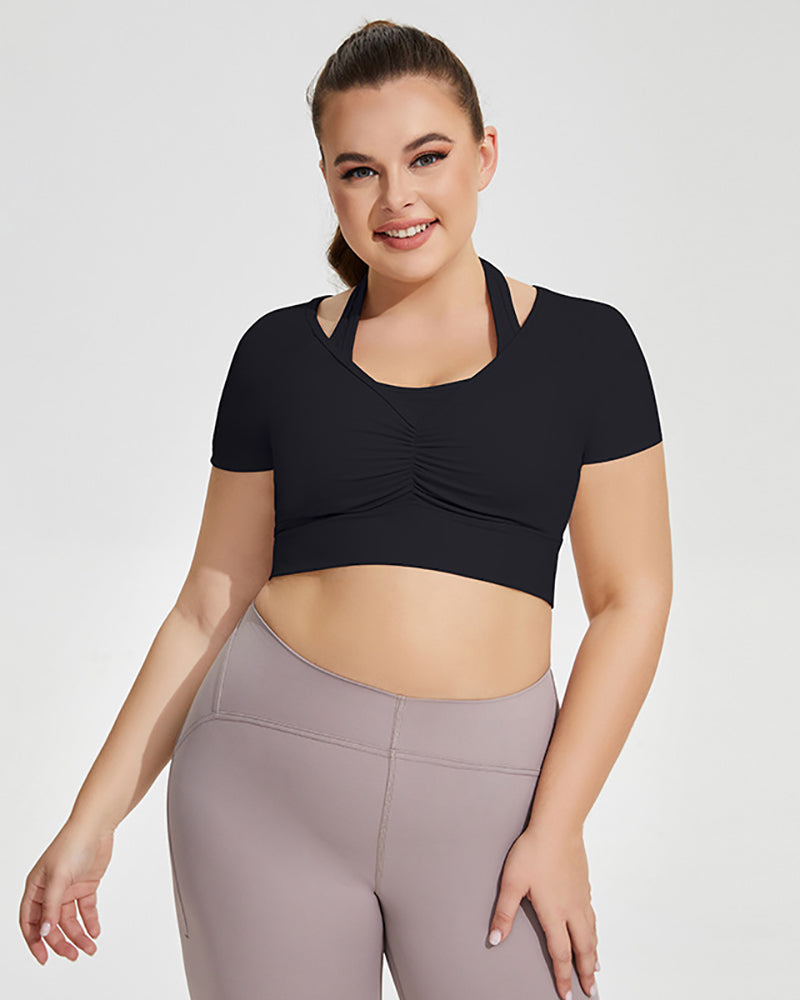 Woman Halter Neck Short Sleeve Plus Size Sports Bra Crop Top Pink Aprocit Black XL-4XL