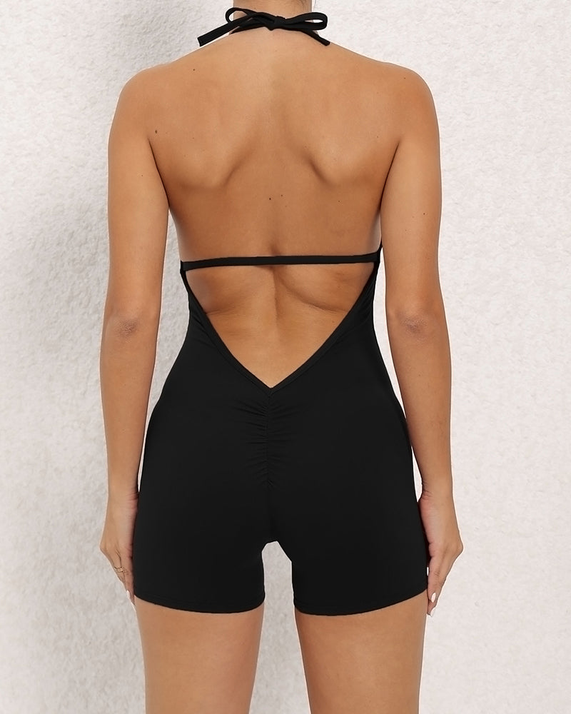 Trendy Women Backless Halter Neck High Elastic Fitness Yoga Romper S-L