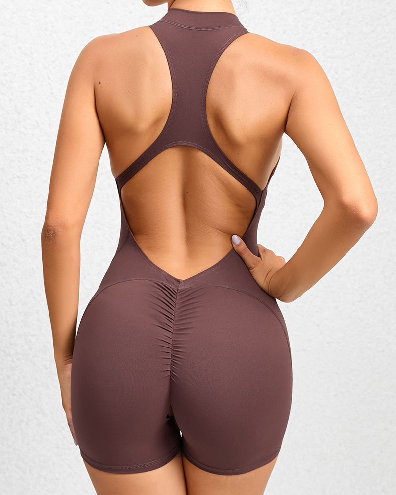 Popular Solid Color Sleeveless I-Back Zipper Front Sports Romper S-L