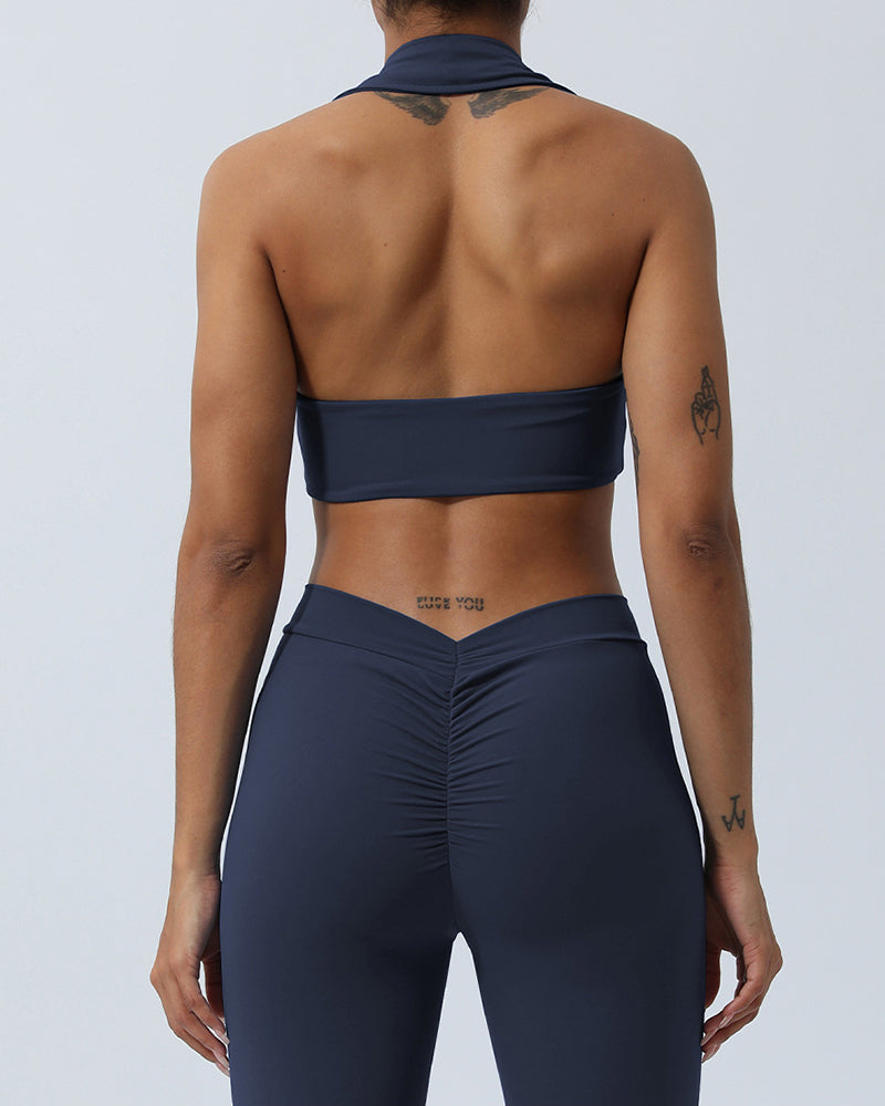 Lapel Sports Bra High Waist Yoga Shorts Pants Two Pieces Sets Green Blue Pink S-XL