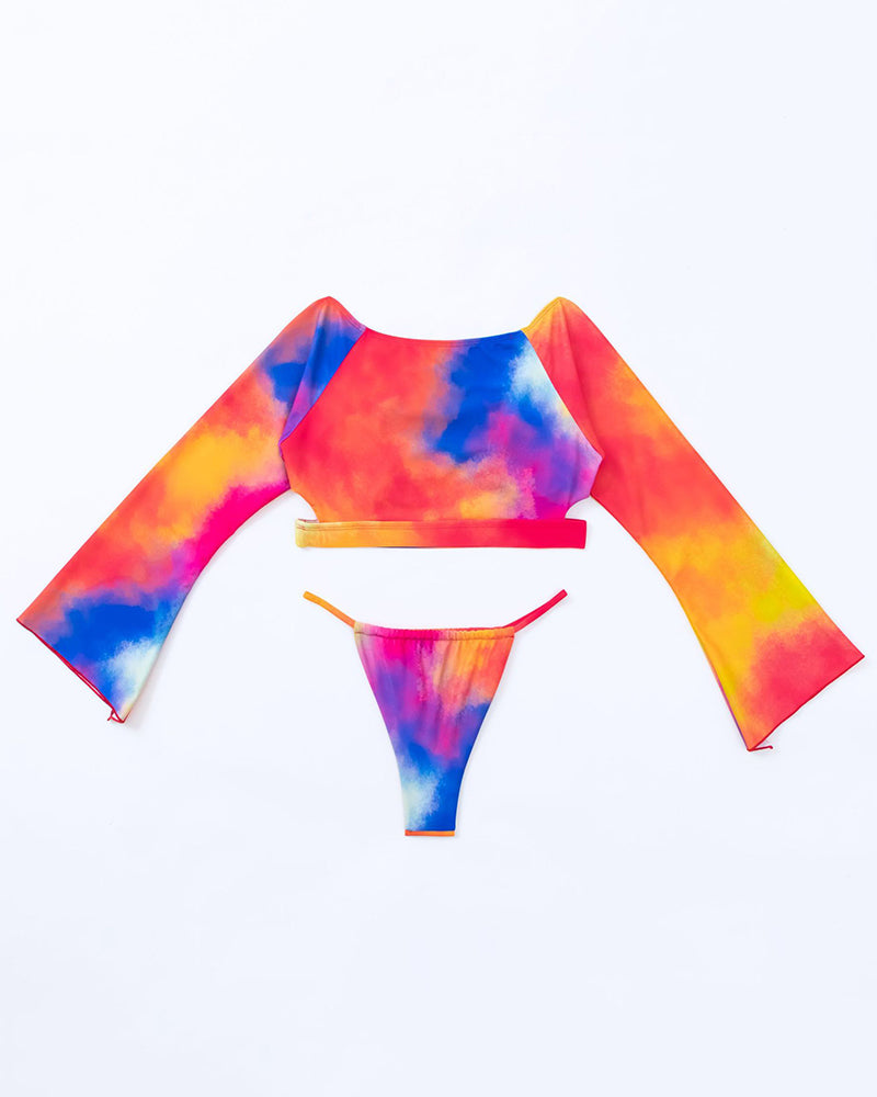 Long Sleeve Off Shoulder Hollow Out High Cut Bikinis Two-piece Swimsuit Florals Tie Dye S-XL