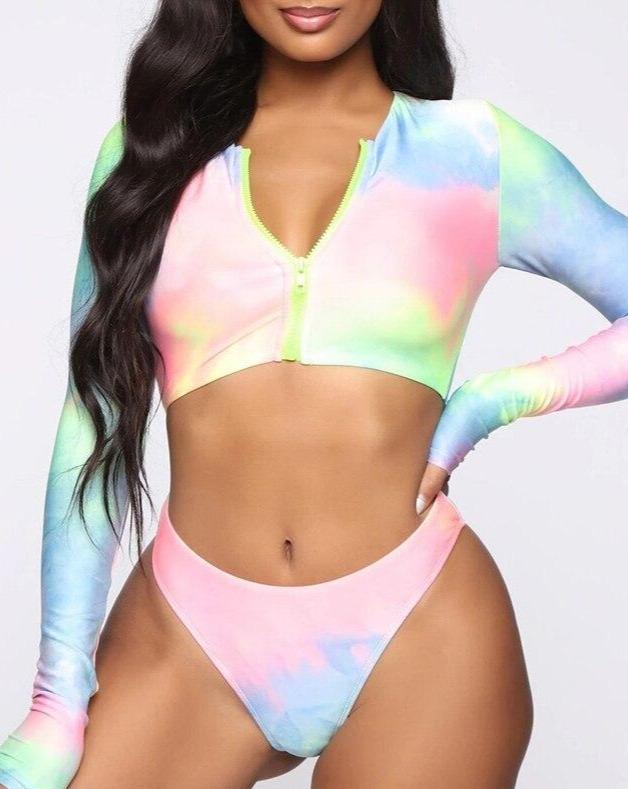 Plus Size Tie Dye Swimwear Women 2021 Sexy Zipper Bikini Set Long Sleeve Two Piece Swimsuit African Bathing Suit Brazilian S-5XL OM22455