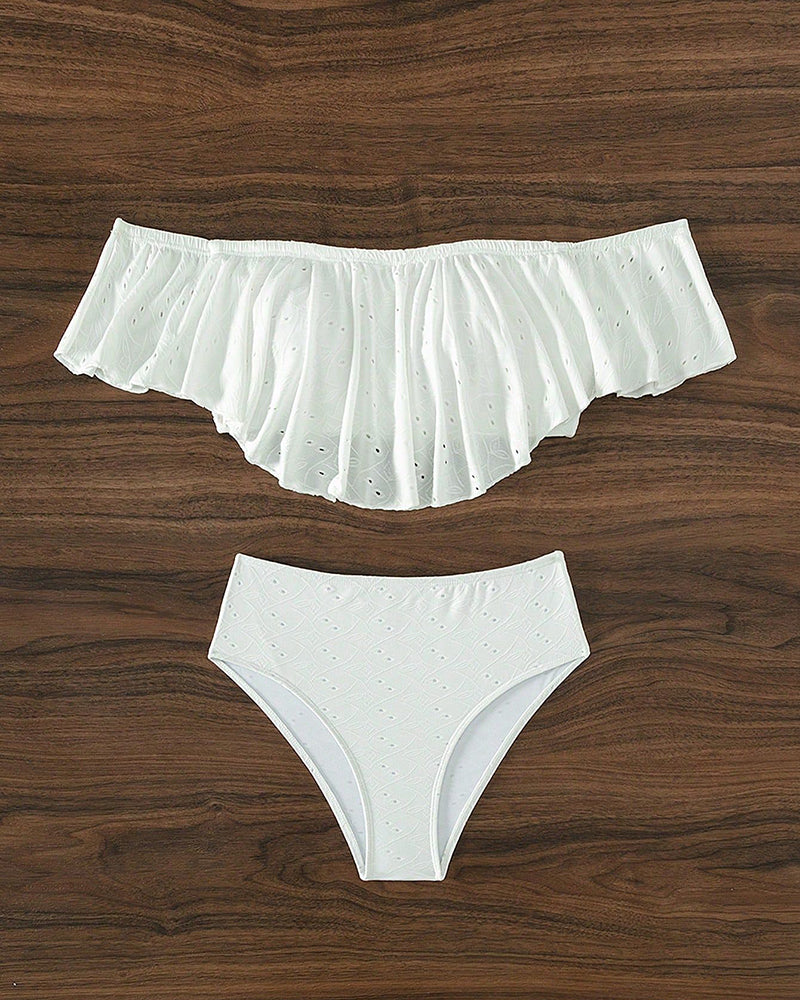 Off Shoulder Ruffer High Waist Women Two-piece Swimsuit White XS-L