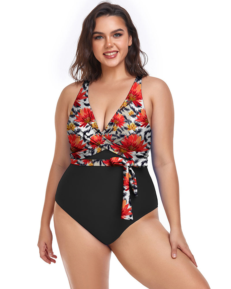 Women V Neck Sexy Wrap One Piece Plus Size Swimwear L-4XL