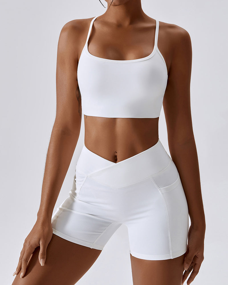 Deep V Neckline Halter Straps Thin Strap Cross Cross Waist No Embarrassing Lines Side Patch Pockets Yoga Two Piece Sets 8-14 Shorts Sets Pants Sets