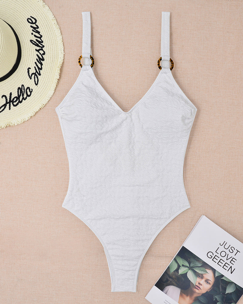 Solid Color V Neck Ring Shoulder High Waist Backless Swim Wear One-piece Swimsuit White Coffee S-XL