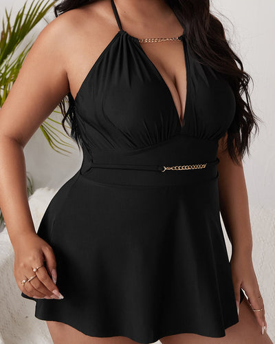 Women Solid Color V Neck One Piece Plus Size Swimsuit Black L-4XL