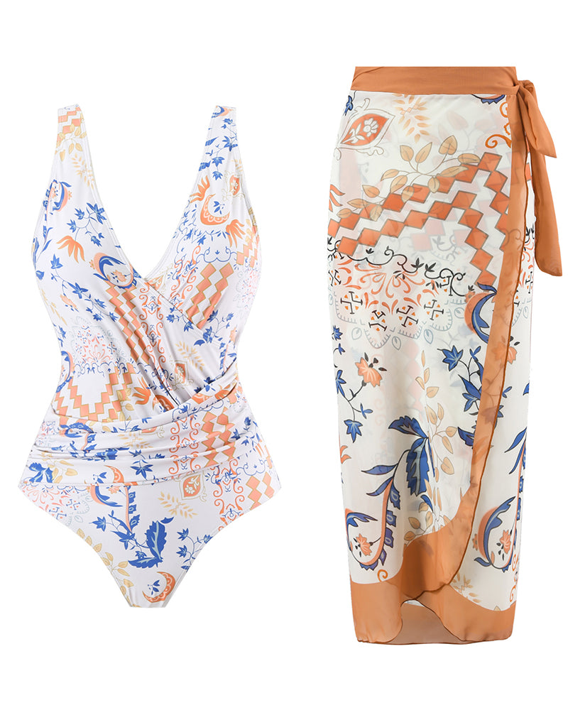 Boho Summer Sexy Printed V Neck Cover Up Two-piece Swimsuit S-XL