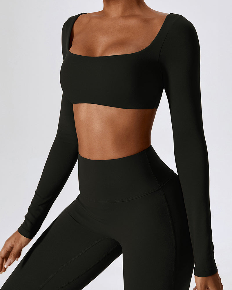 Long Sleeve Square Neck Show Waist Solid Color Yoga Tops Black Brown Coffee Bean Green Apricot S-XL