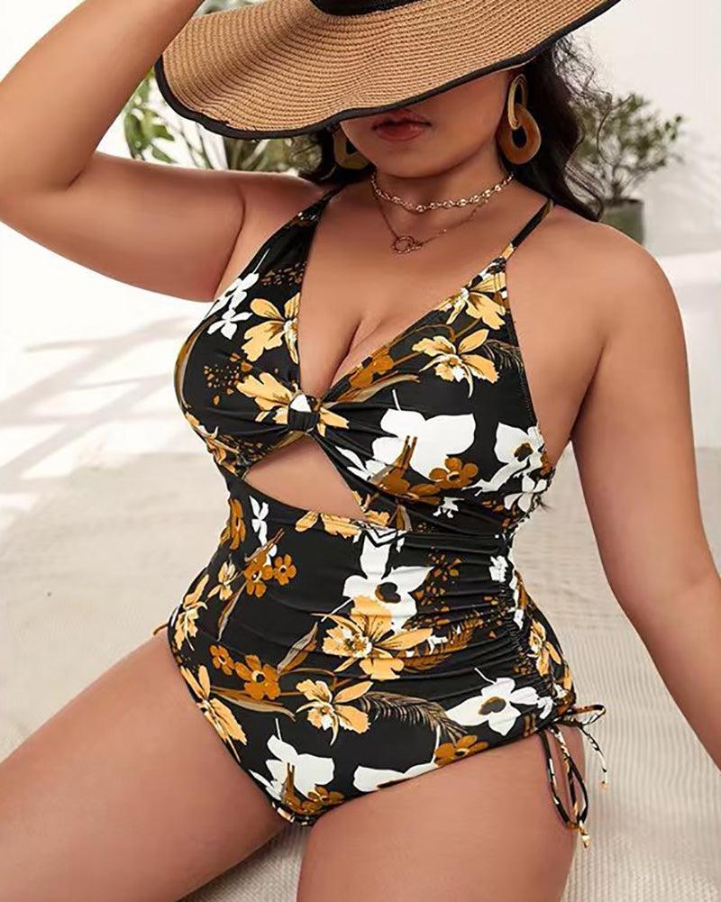 Women Florals Printing Hollow Out Backless High Waist Plus Size Swimsuit L-4XL