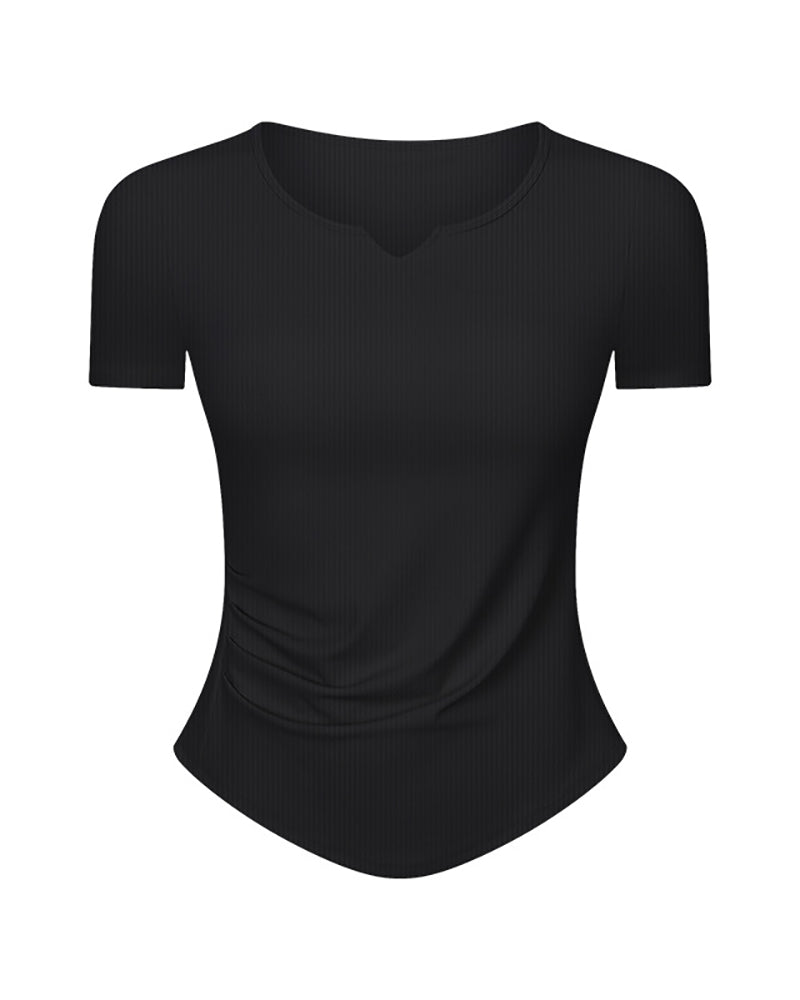 Women V-Neck Ruched Solid Color Short Sleeve Slim Yoga Tops 4-12