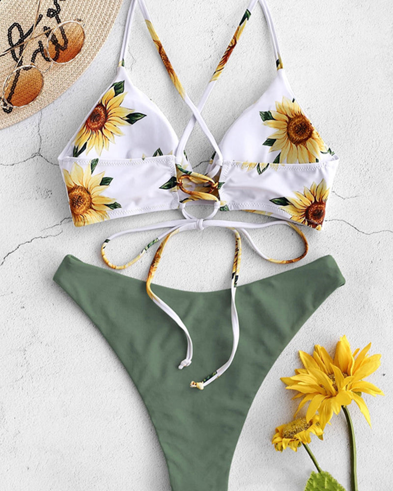 New Style Women Sexy Sunflower printing Two-piece Swimsuit S-XL