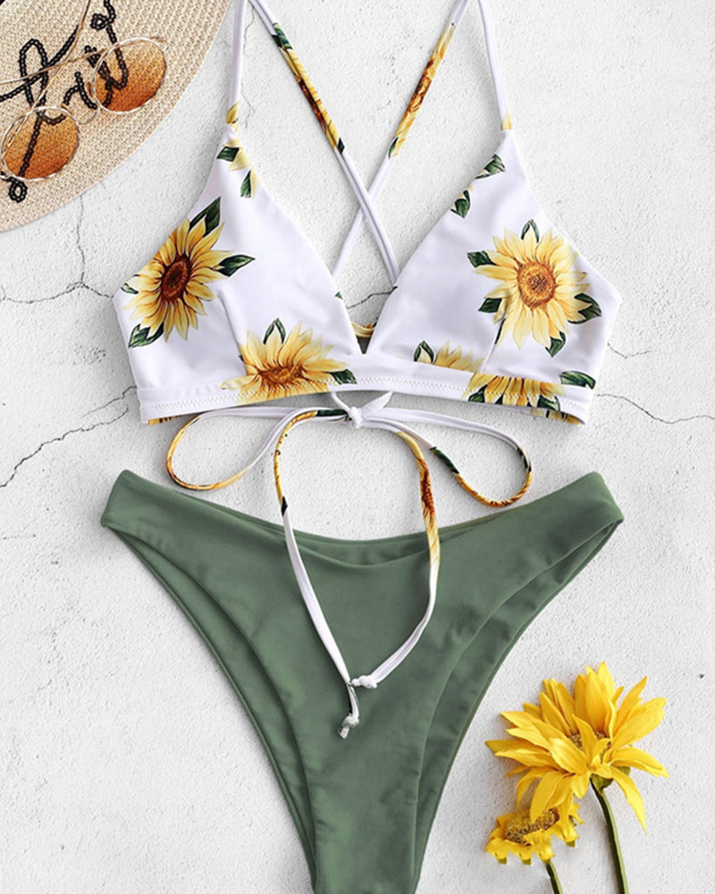 Women Sunflower Printing Two-piece Swimsuit S-XL YY10238