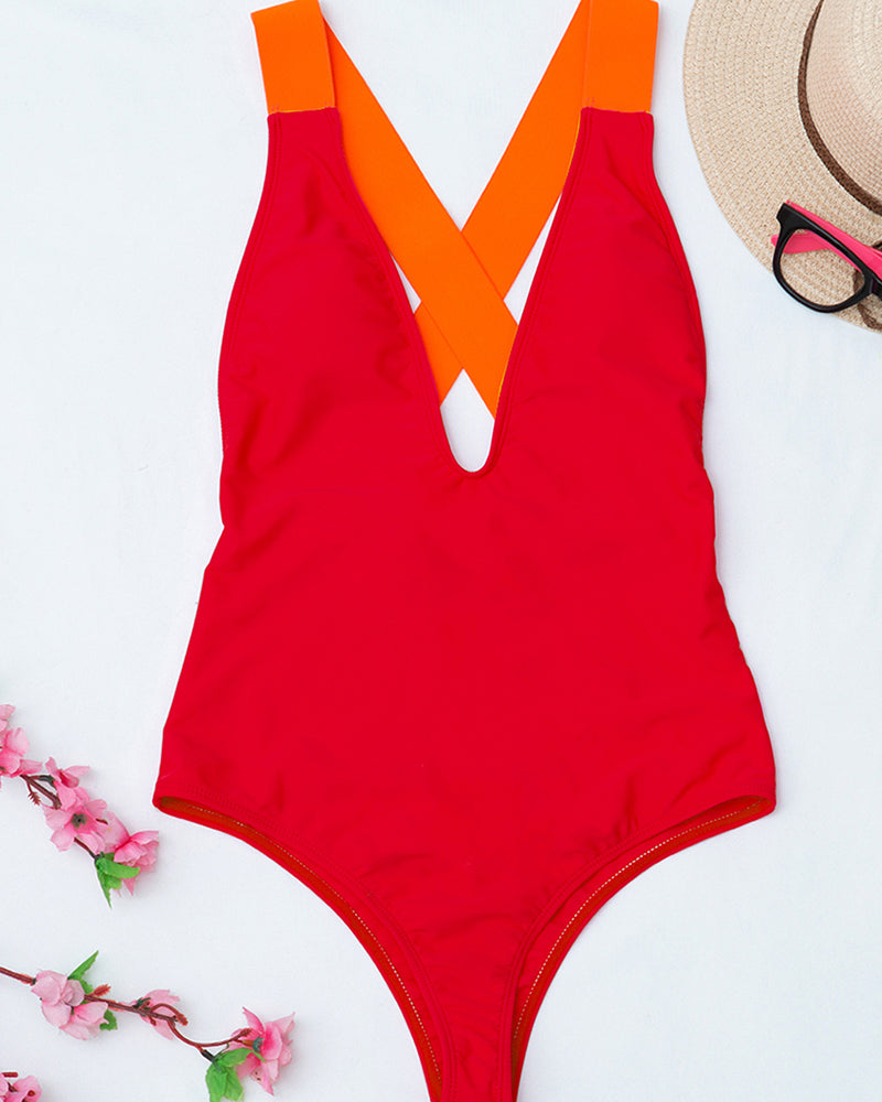 Women Cross Strappy Colorblock One Piece Swimwear White Red Black Rose Red S-L YY10347