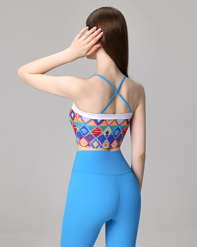 Ladies Retro Printed Bra Pants Sets Yoga Two-piece Sets Blue S-L