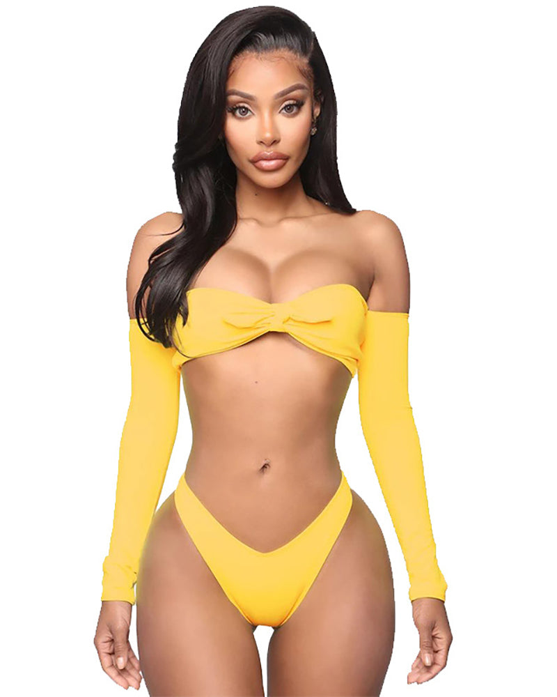 Long Sleeve Women Bow Tie Hot Beach Sun Swimsuit