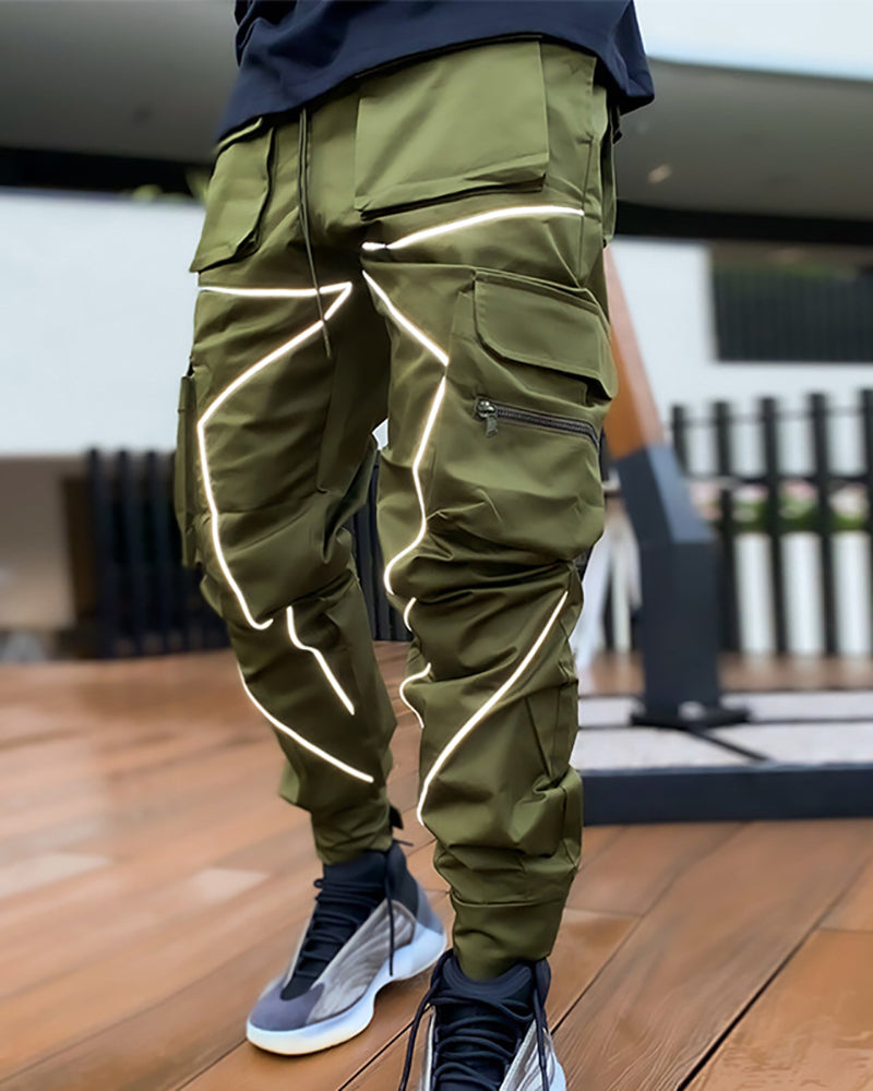 Summer Men Casual Steet Style Refletive Line Pocket Pants M-3XL Joggers