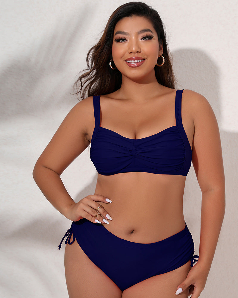 Summer Beach Women Side Drawstring Thong Two Piece Plus Size Swimwear L-4XL