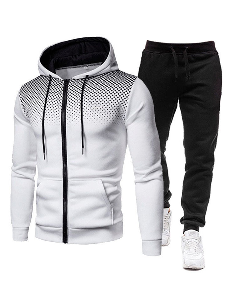 Men Long Sleeve Printing Casual Hooded Street Style Two Piece Set White Red Gray Black Blue S-3XL