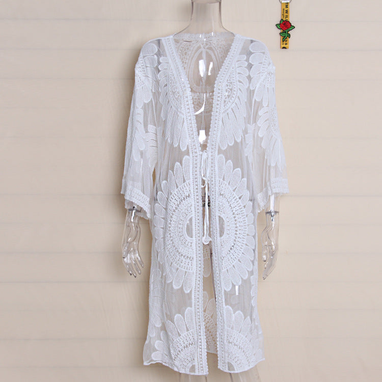 Women Fashion Lace Embroidery Midi Cardigan Beach Cover White Beige Blue Red Black One Size OM3384