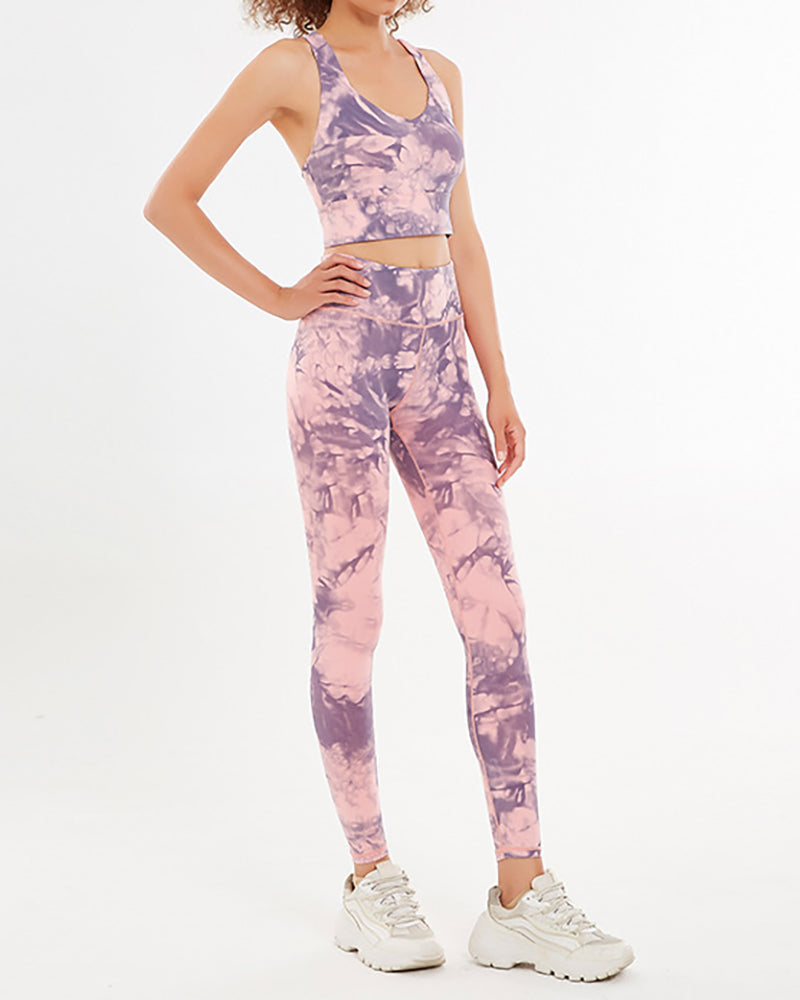 Women Sleeveless Printed V-neck Fitness Yoga Two-piece Suits Pink Blue Green Purple XS-XL Pants Sets