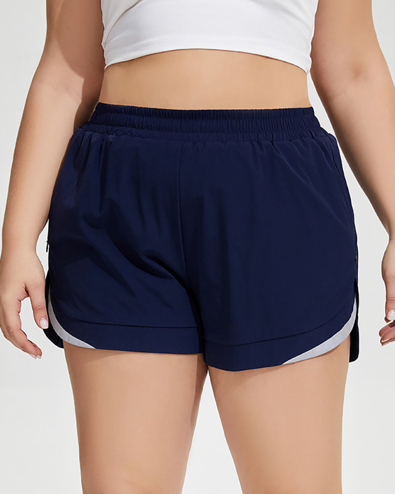 Breathable Lined Side Pocket Reflective Plus Size Yoga Shorts Khaki Navy Blue Black XL-4XL