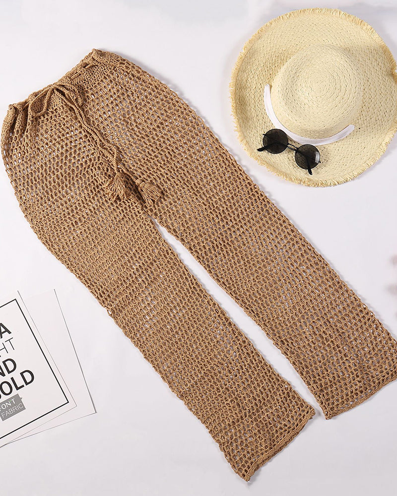 Beach Handmade Crochet Hollow Out Bandage Elastic Waist Shell Pants Sunscreen Fishing Net Trouser OM25994