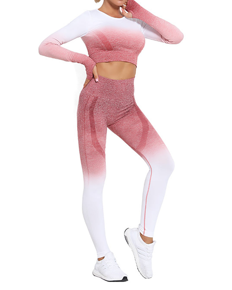 New Women Long Sleeve Gradient Sports Yoga Fitness Two-piece Sets S-L Pants Sets