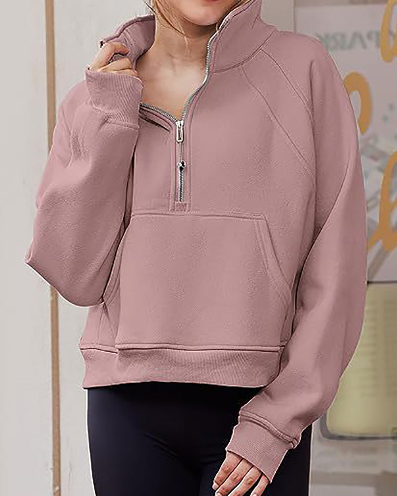 Half Zipper Long Sleeve Pocket Sweater Stand Neck Pullover Top S-XL