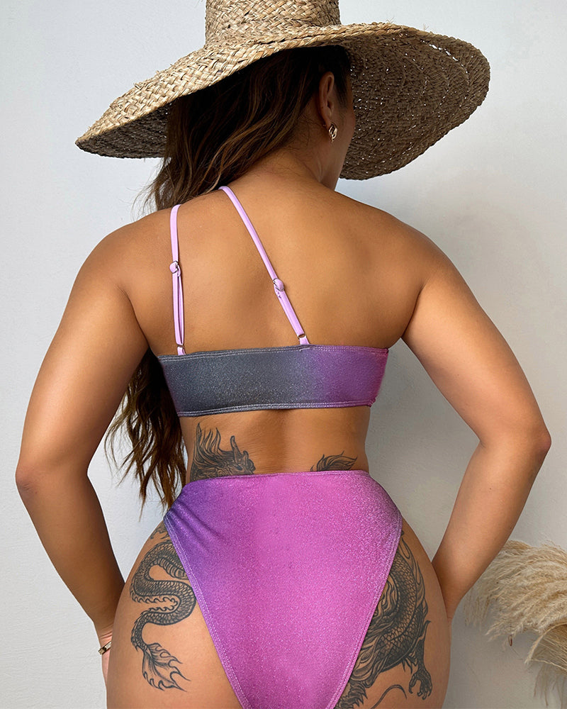 Women Gradient Halter Neck High Cut Sexy Bikini Two-piece Swimsuit Purple XS-L