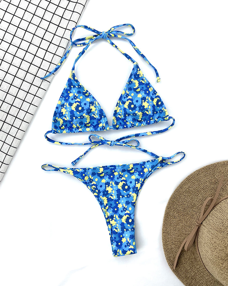 Women Blue Color Floral Lace Bikini Two-piece Swimsuit