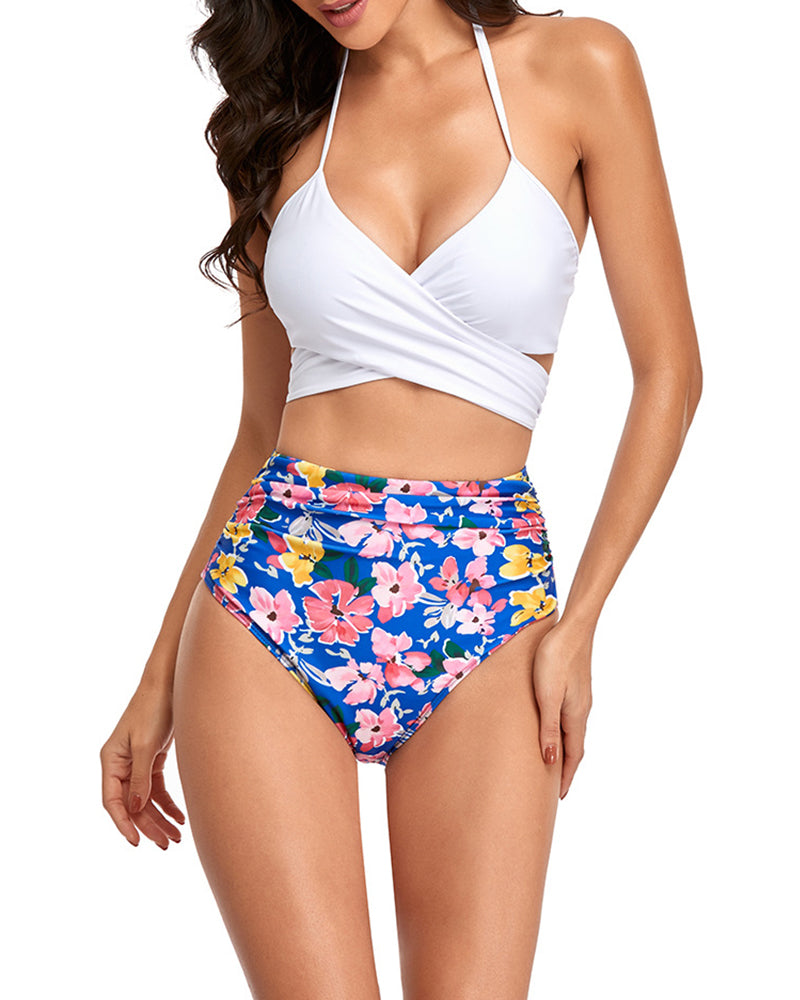 Sexy Floral Bikini Cross Bandage Split Swimsuit Tie Up High Waist Swimsuit YY10176