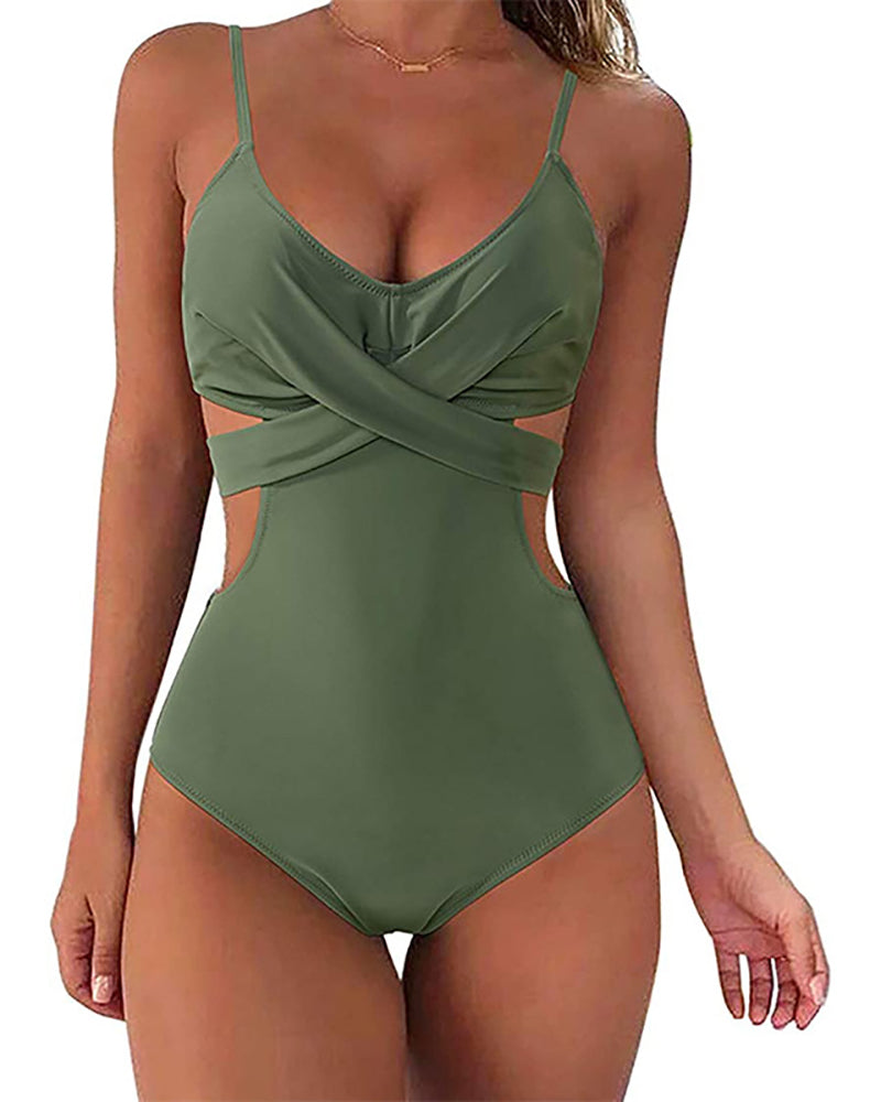 Halter Neck Hollow Out Criss Cross Women One-piece Swimsuit Red Green Black S-2XL