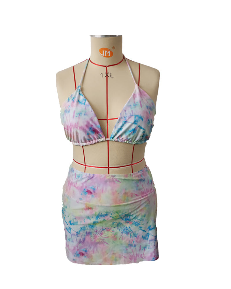 Women Tie Dye Halter Neck Sexy Three Pieces Set Plus Size Swimwear Green Blue Pink Red L-4XL