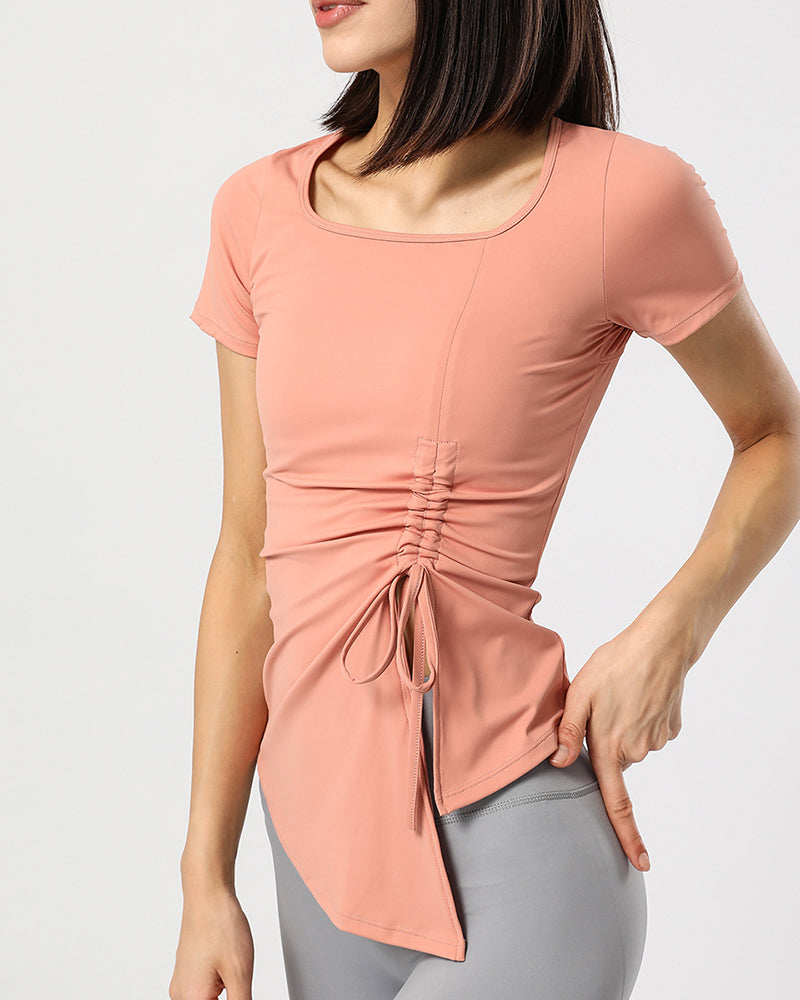 New Women Short Sleeve Square Neck Side Drawstring T-shirts Beige Gray Khaki Blue Orange S-XL