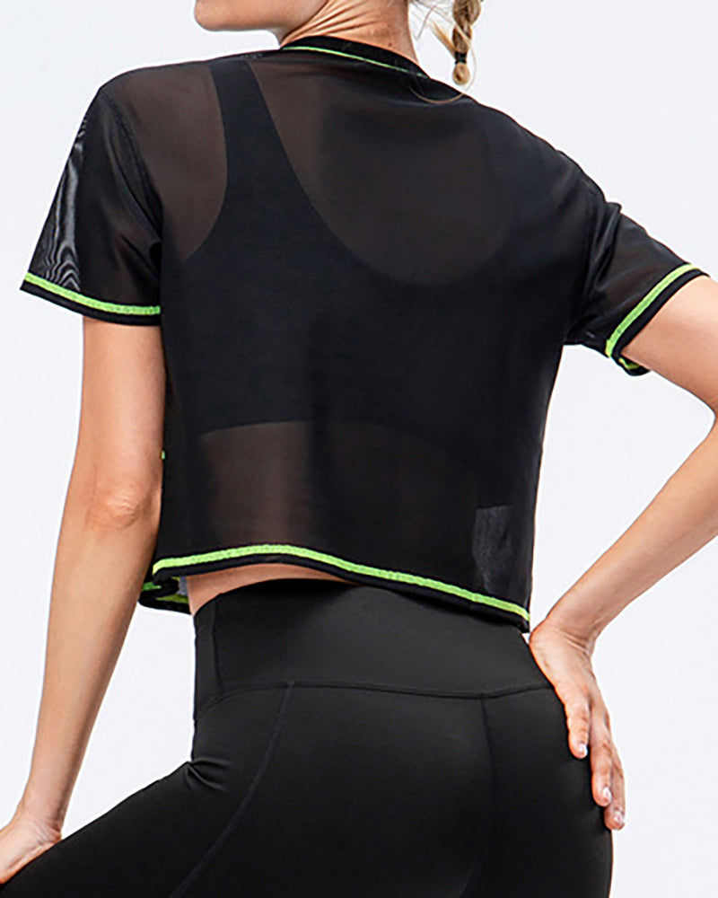 Women Loose Mesh Short Sleeve Stripe Sports Top Quick Dry Top Yoga T-Shirts Black Green Orange S-XL