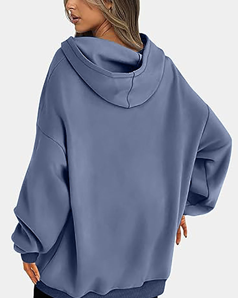 Women Long Sleeve Solid Color Hooded Loose Pullover Tops S-XL