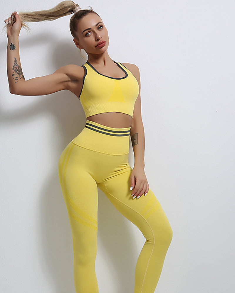 Woman Seamless Knitted Beauty Back High Waist Peach Hip Sports Running Two-Piece Yoga Suit S-L