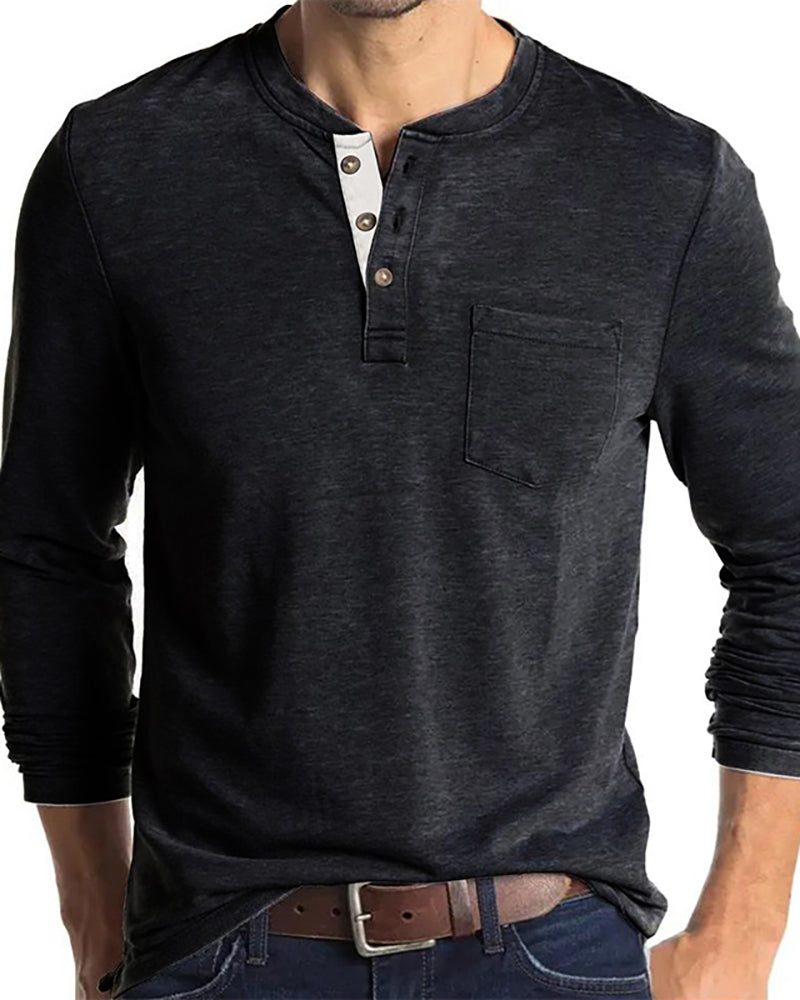 Mens Long Sleeve Button Neck Pocket Solid Color Basic Autumn T-shirt S-2XL