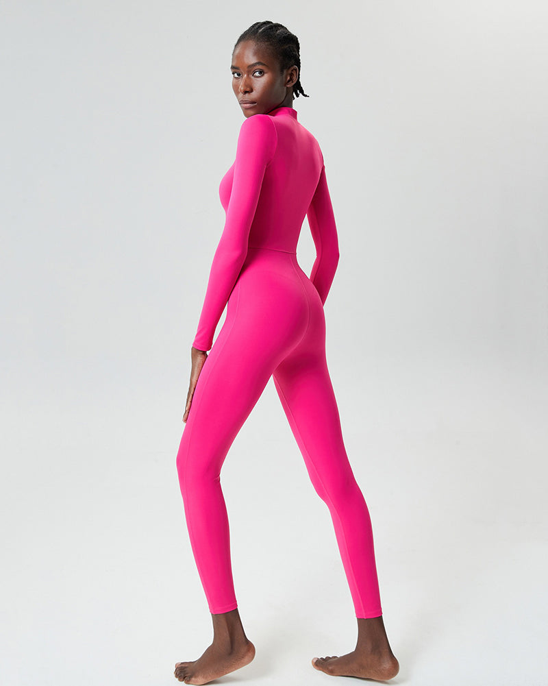 Long Sleeve Zipper Neck Slim High Elastic Fitness Jumpsuit S-XL