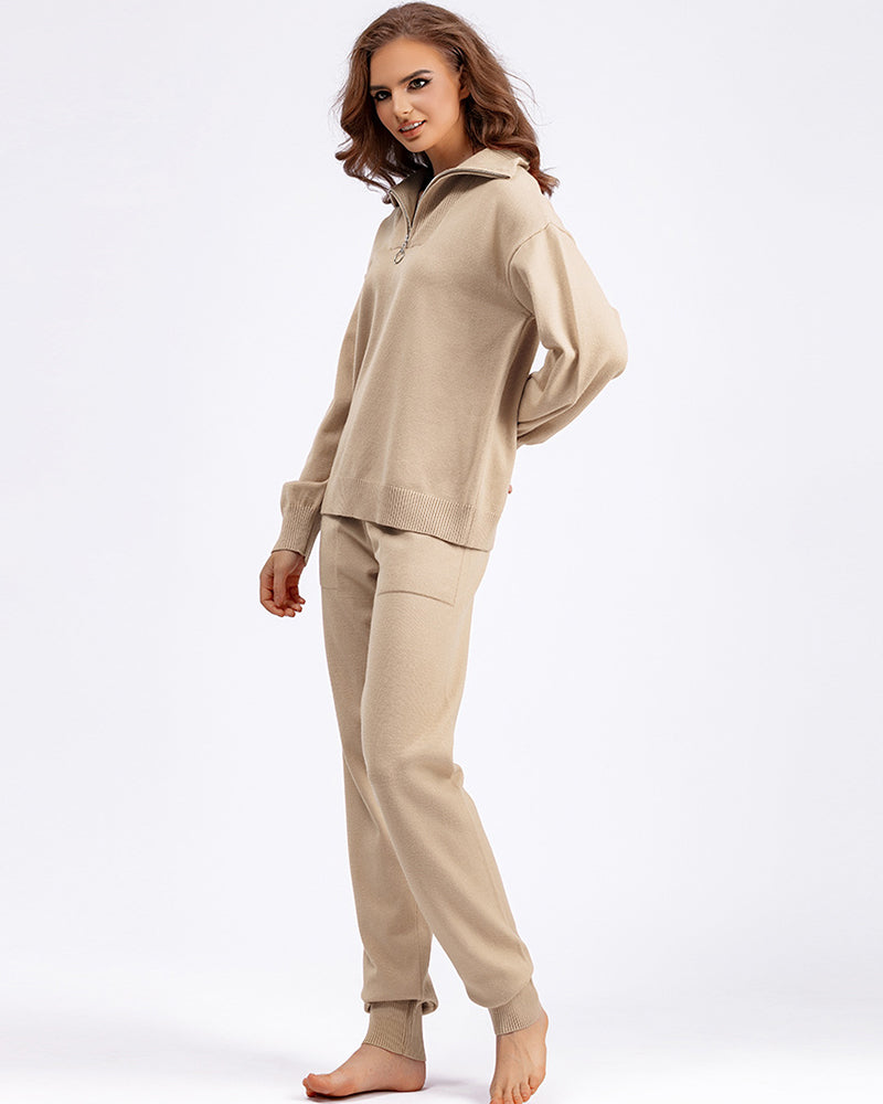 Polo Half Zipper Neck Sweater Pocket Trousers Sets Two Piece Outfit One Size