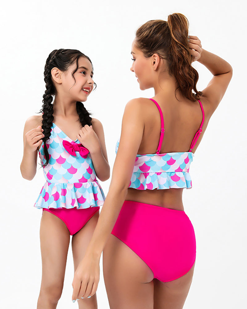 Fashion New Graphic Printed Ruffled Sling Triangle High Waist Two-Piece Bikini Mother and Daughter Swimwear Adult S-Adult XL Child 104-Child 164