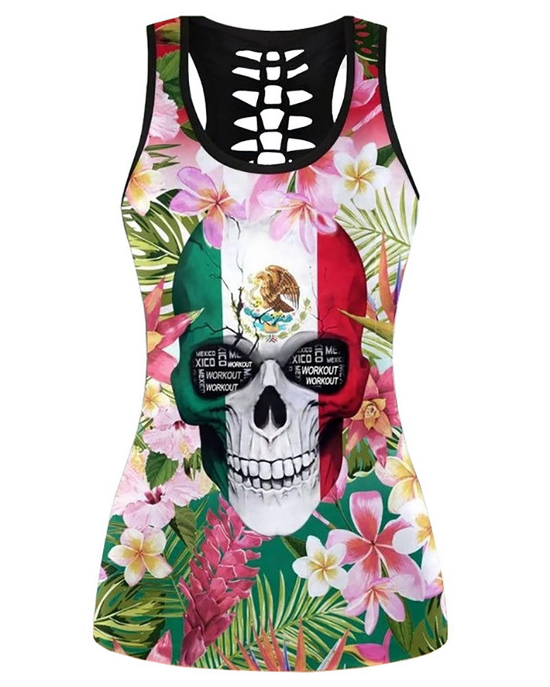 Women Casual Yoga Sport Sleeveless Top T Shirt YinYang Skull Rose Print 3D Tank Tops Cool Flower Skull Tanks Back Hollow out Vest Casual Tees