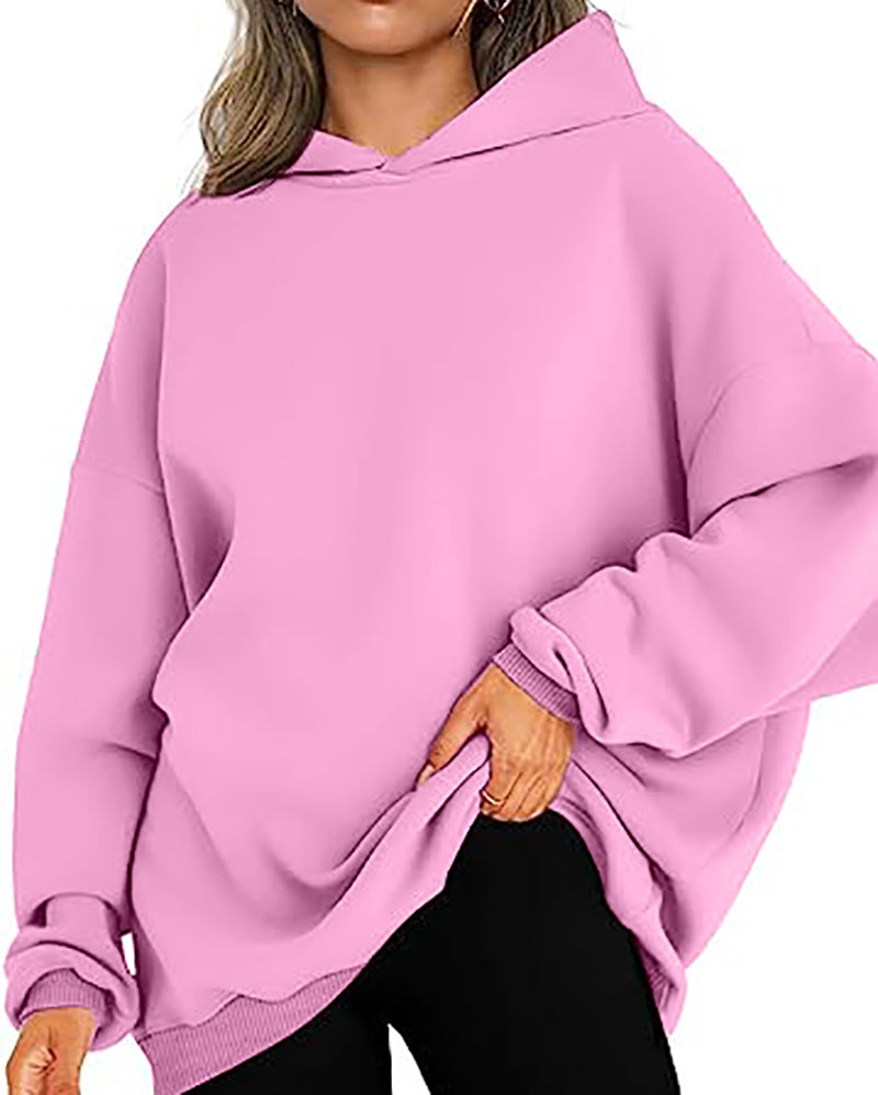 Women Long Sleeve Solid Color Hooded Loose Pullover Tops S-XL