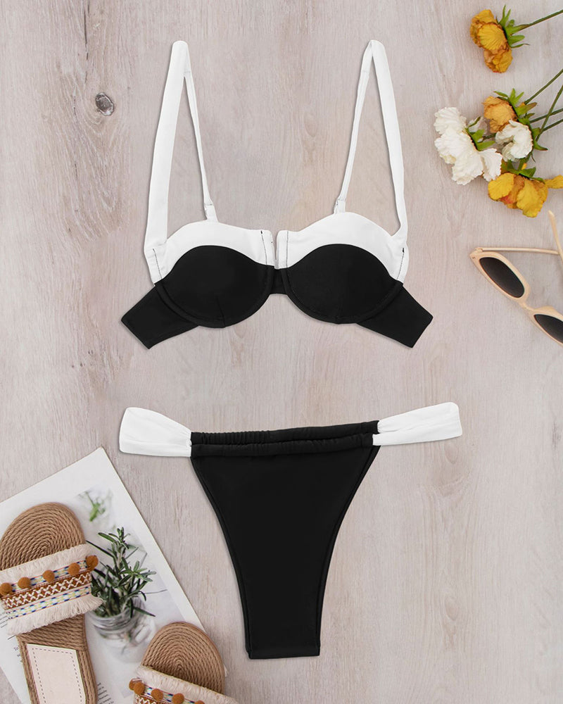 New Women Strap Colorblck Sexy Steel Bra Swim Bikinis Two-piece Swimsuit White Black S-XL