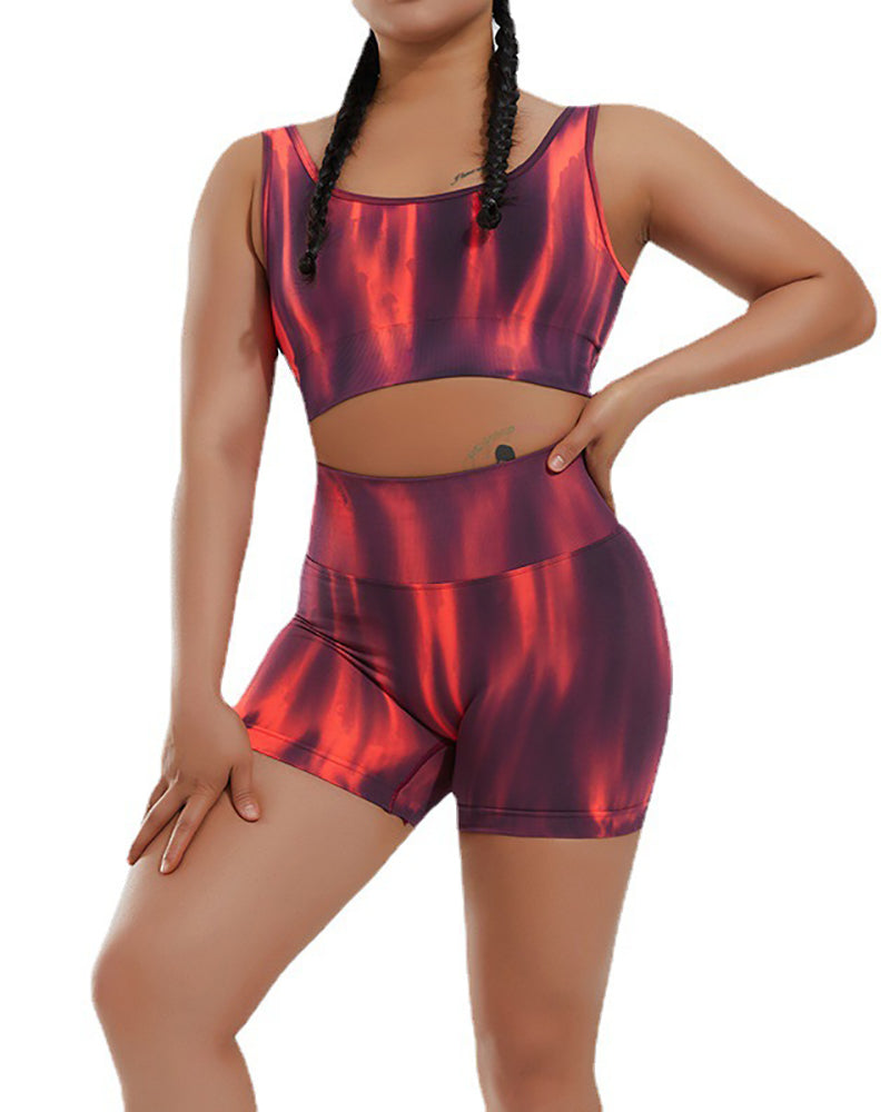 Aurora Printing Summer New Sports Bra Shorts Sets Yoga Two Piece Sets S-L